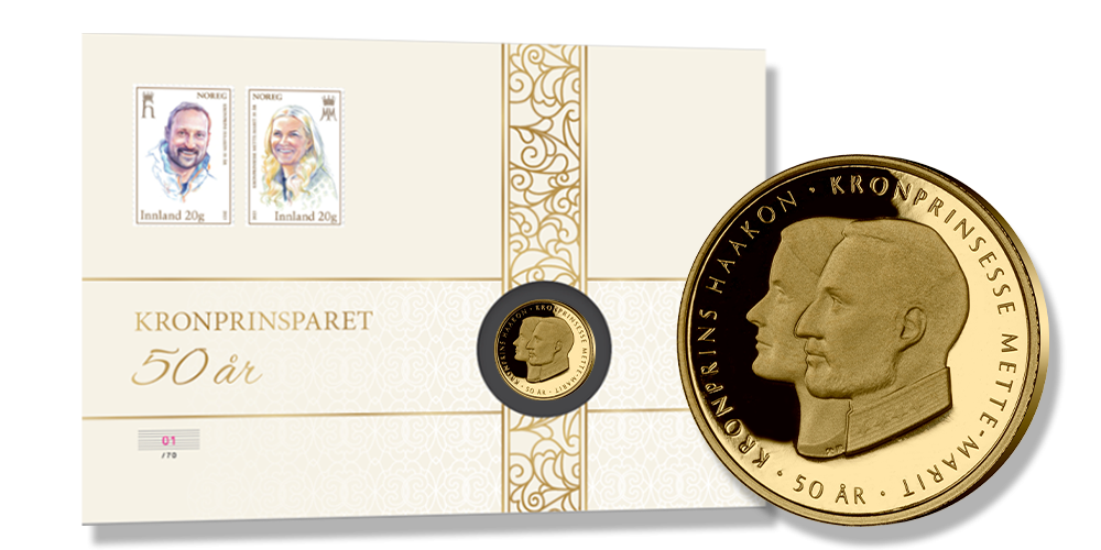 Minnebrevet som hedrer kronprinsparet 50 år og jubileumsmedaljen i 9 karat gull Minnebrevet som hedrer kronprinsparet 50 år og jubileumsmedaljen i 9 karat gull